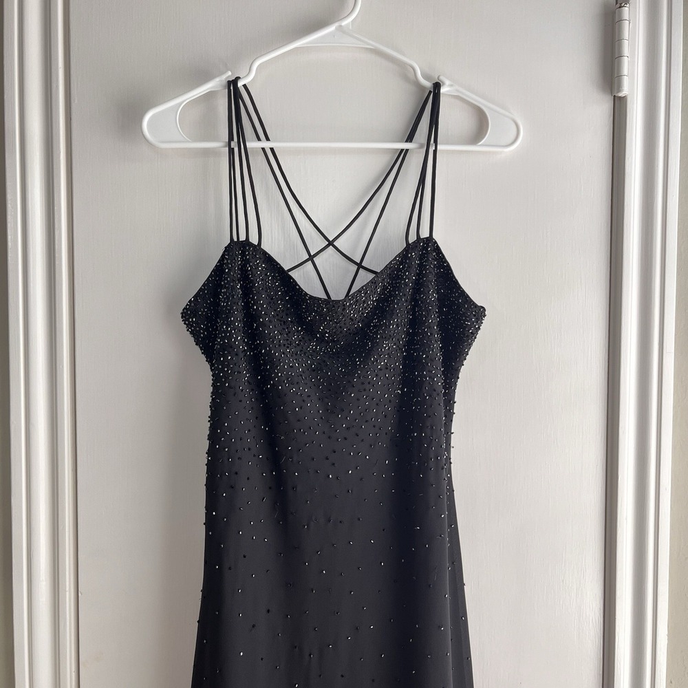 Vintage Chelsea Nites 14 Strappy Beaded Black Slip Dress WhimsiGoth Fairy Dark